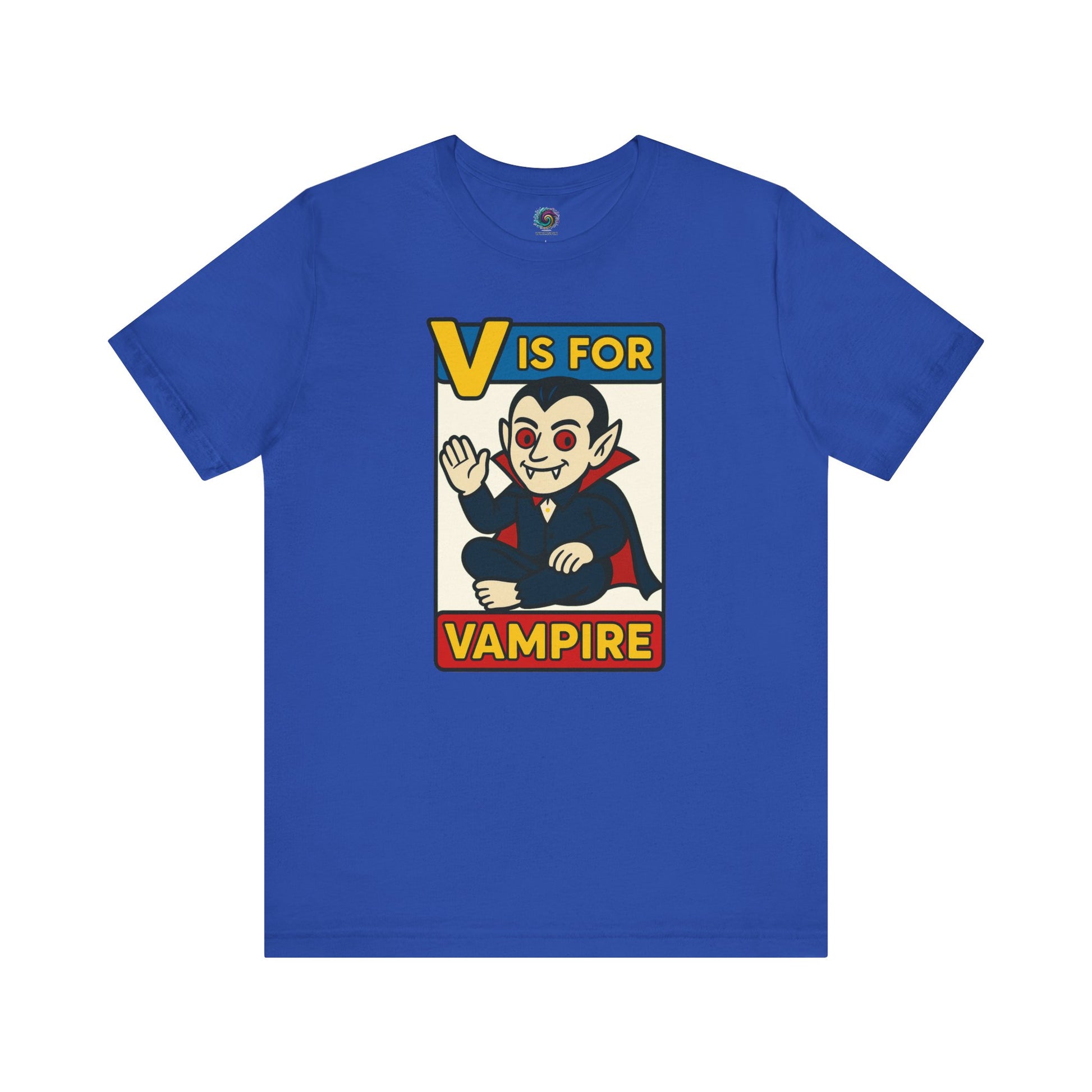 V is for Vampire T-Shirt – Funny Halloween Legend Alphabet Tee shown in flat lay style in the True Royal color