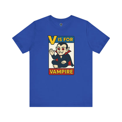 V is for Vampire T-Shirt – Funny Halloween Legend Alphabet Tee shown in flat lay style in the True Royal color