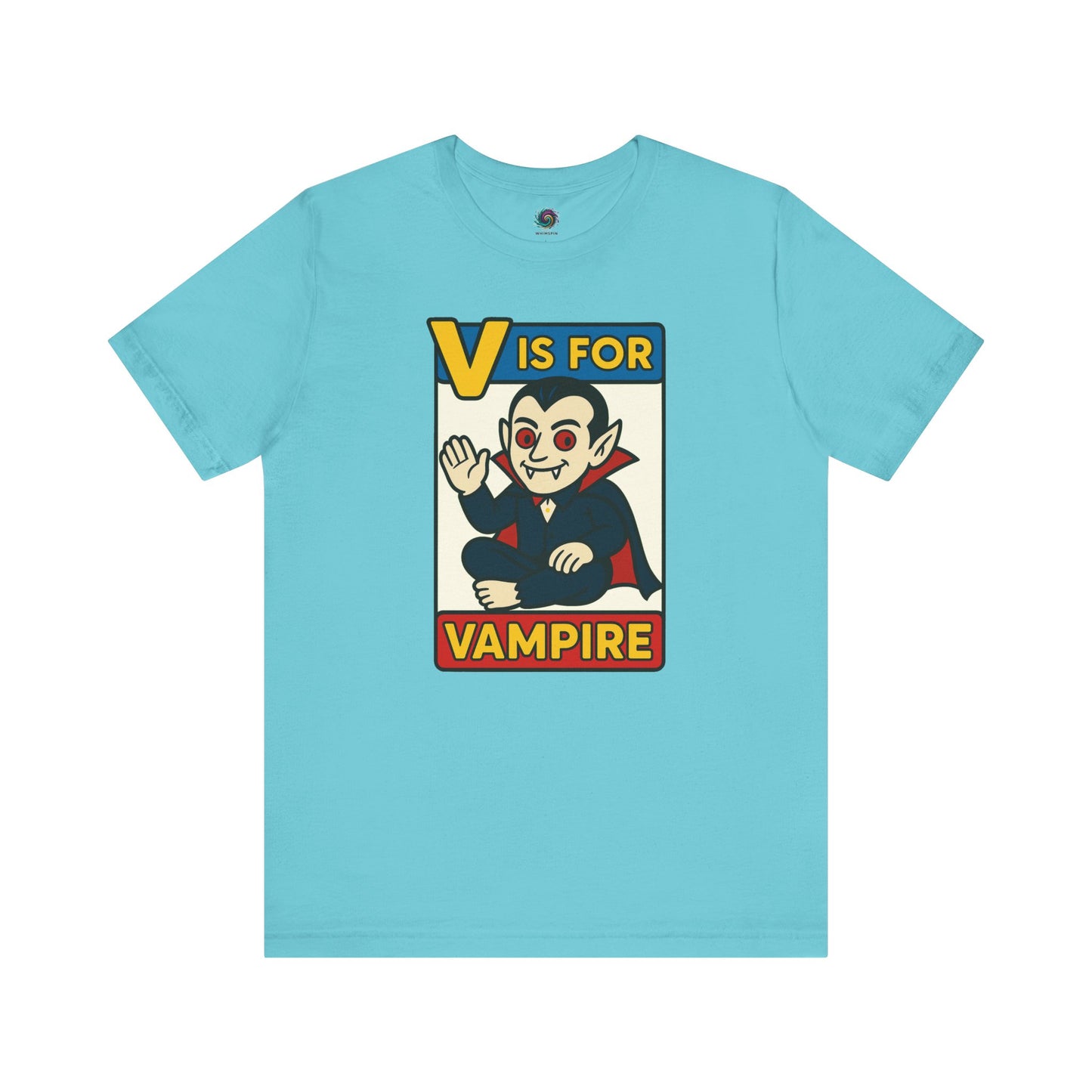 V is for Vampire T-Shirt – Funny Halloween Legend Alphabet Tee shown in flat lay style in the Turquoise color