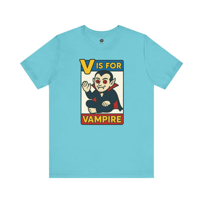 V is for Vampire T-Shirt – Funny Halloween Legend Alphabet Tee shown in flat lay style in the Turquoise color
