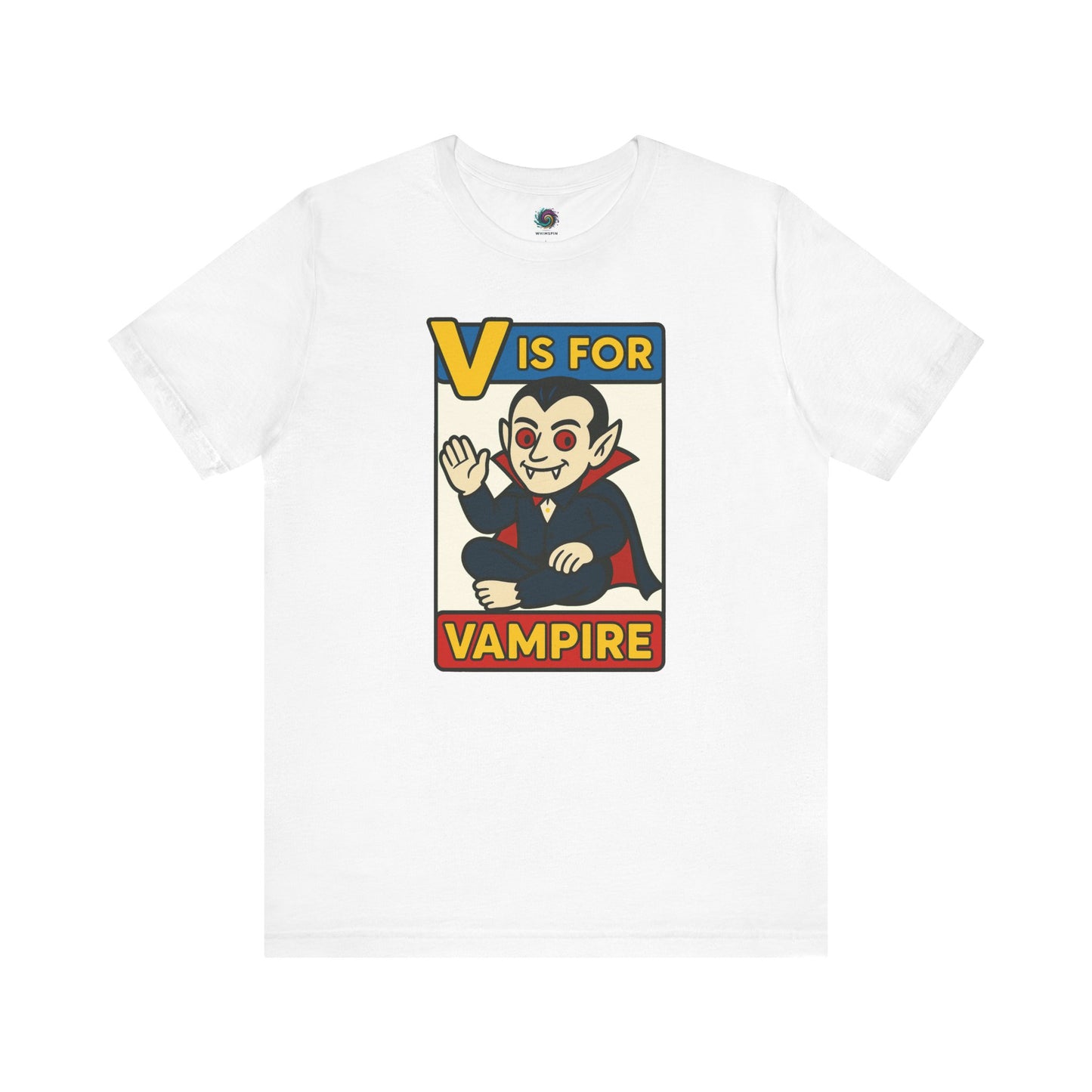 V is for Vampire T-Shirt – Funny Halloween Legend Alphabet Tee shown in flat lay style in the White color