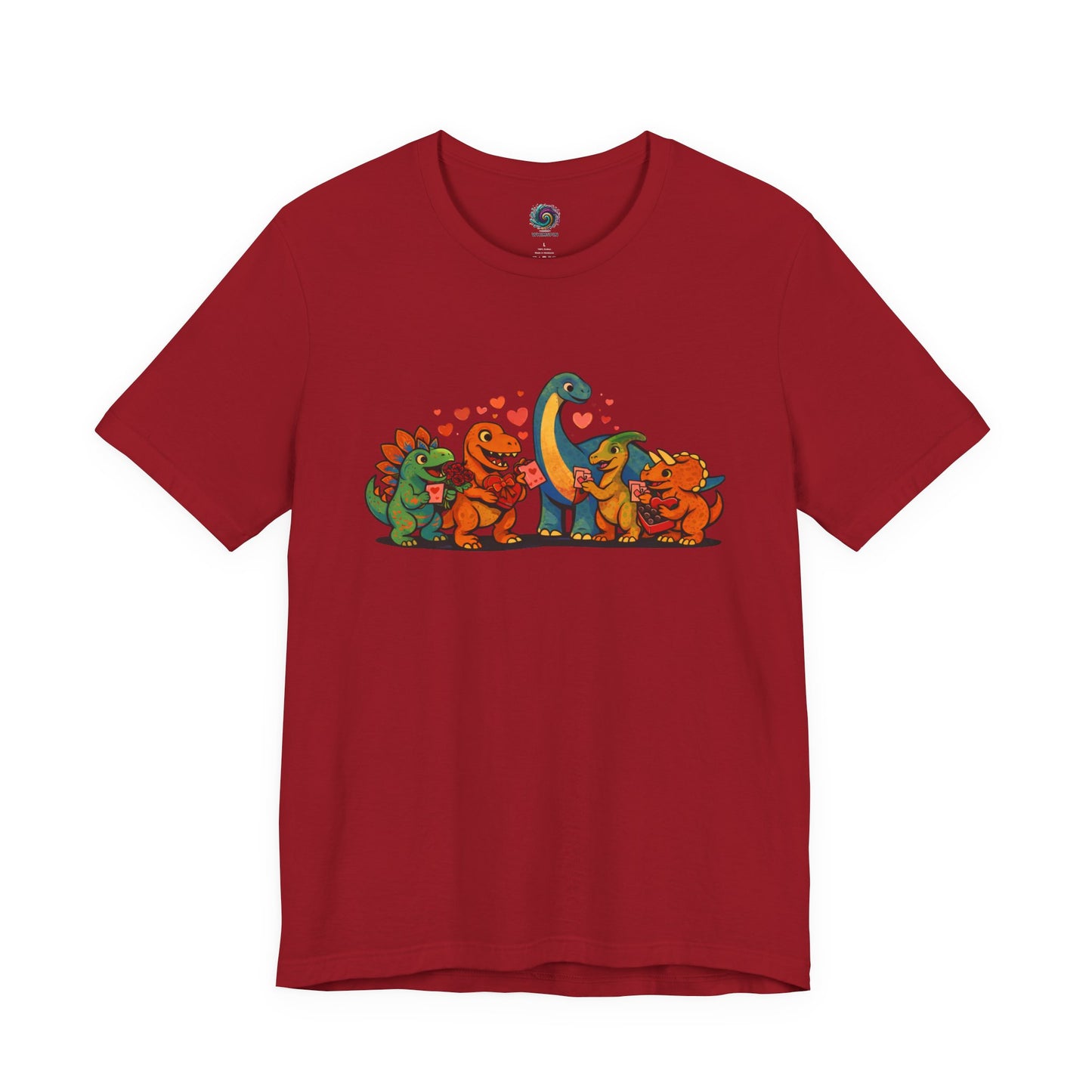 Dinosaur Valentines T-Shirt – Cute Dino Valentine’s Day Tee in Canvas Red emphasizing the festive dinosaur valentine theme and colorful heart-filled illustration