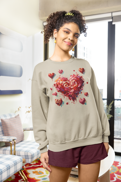 Close-up of the Impressionistic Heart Sweatshirt – Painterly Valentine's Day Art Pullover with soft pink brushstrokes