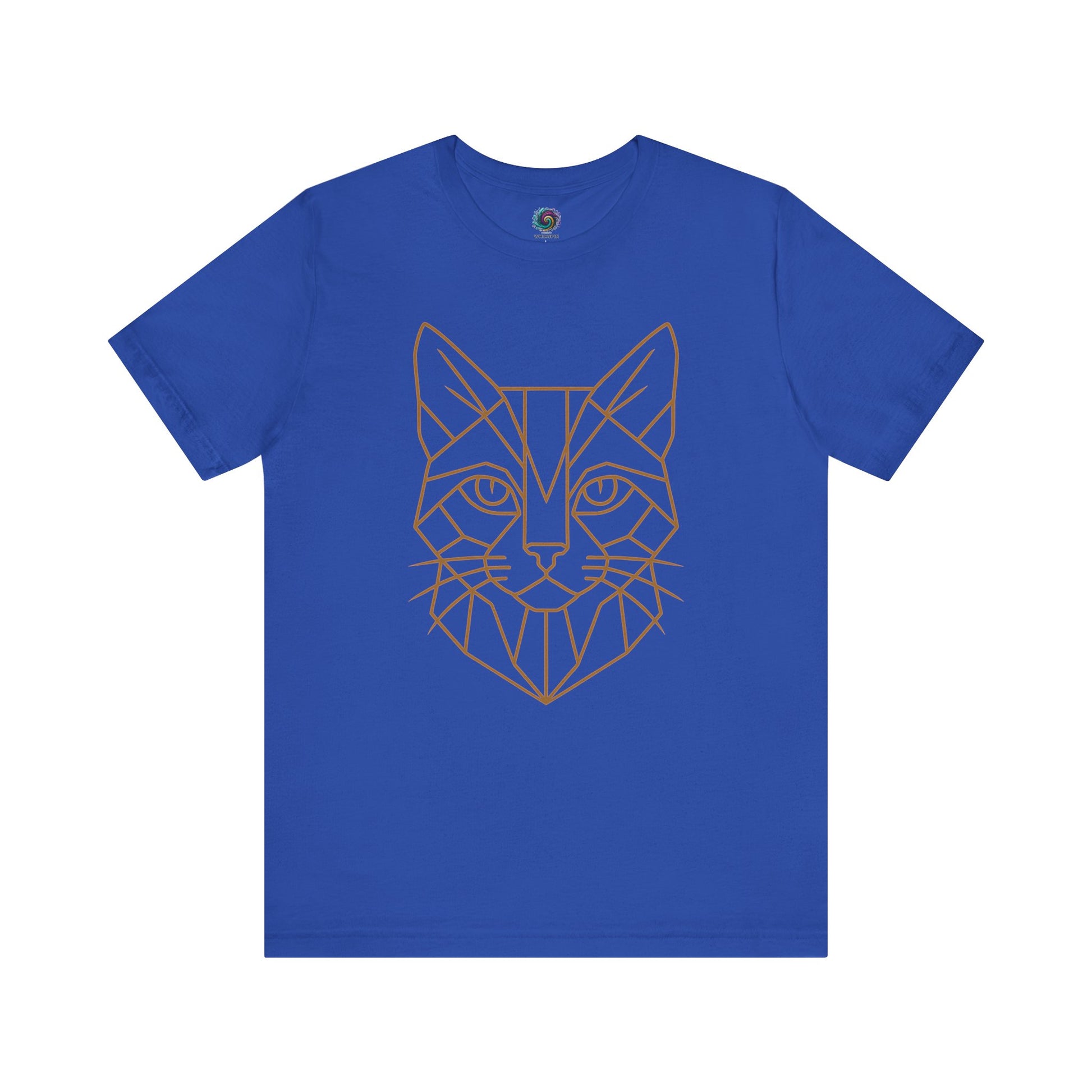 Geometric Cat T-Shirt – Minimalist Line Art Tee for Modern Cat Lovers in true royal blue, featuring sharp, minimalistic line art of a cat's face.
