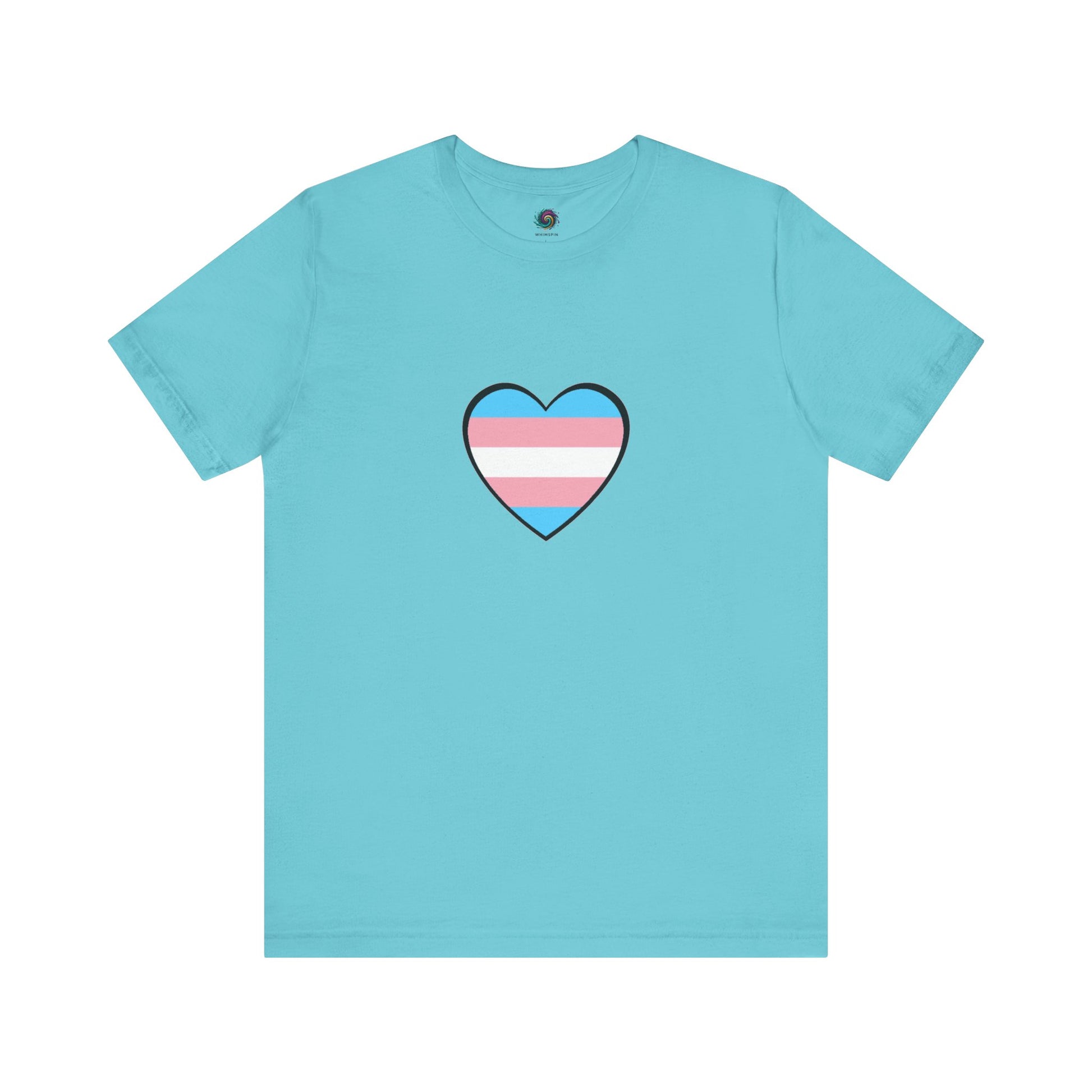 Transgender Pride Flag Heart T-Shirt – LGBTQ+ Trans Flag Graphic Tee in turquoise with bright, clean transgender heart front and center — a bold nod to trans heart pride.