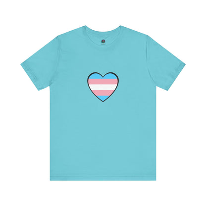 Transgender Pride Flag Heart T-Shirt – LGBTQ+ Trans Flag Graphic Tee in turquoise with bright, clean transgender heart front and center — a bold nod to trans heart pride.