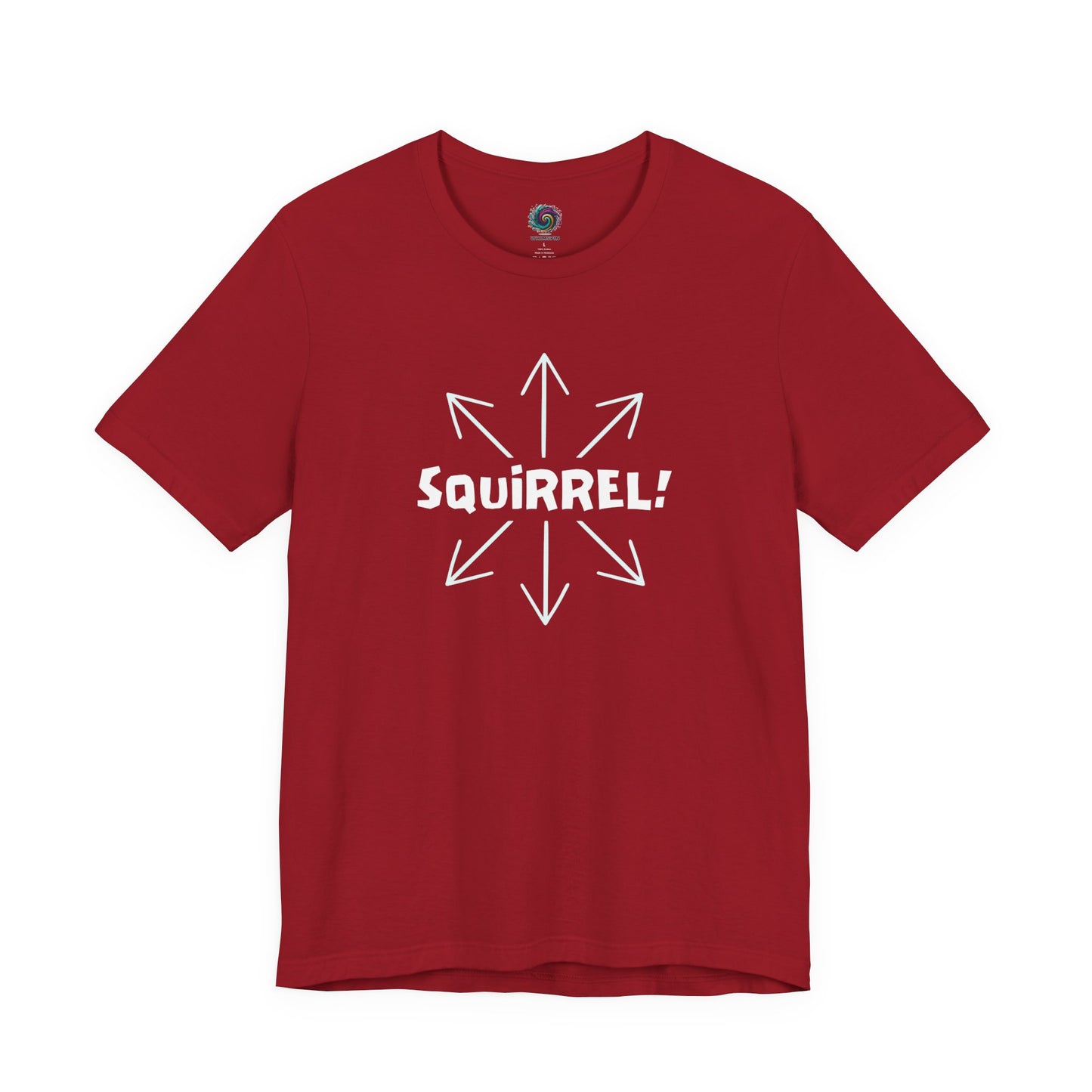 Squirrel Distracted Mind T-Shirt – Funny Attention Graphic Tee in Canvas Red showcasing a playful squirrel shirt and wandering mind concept.