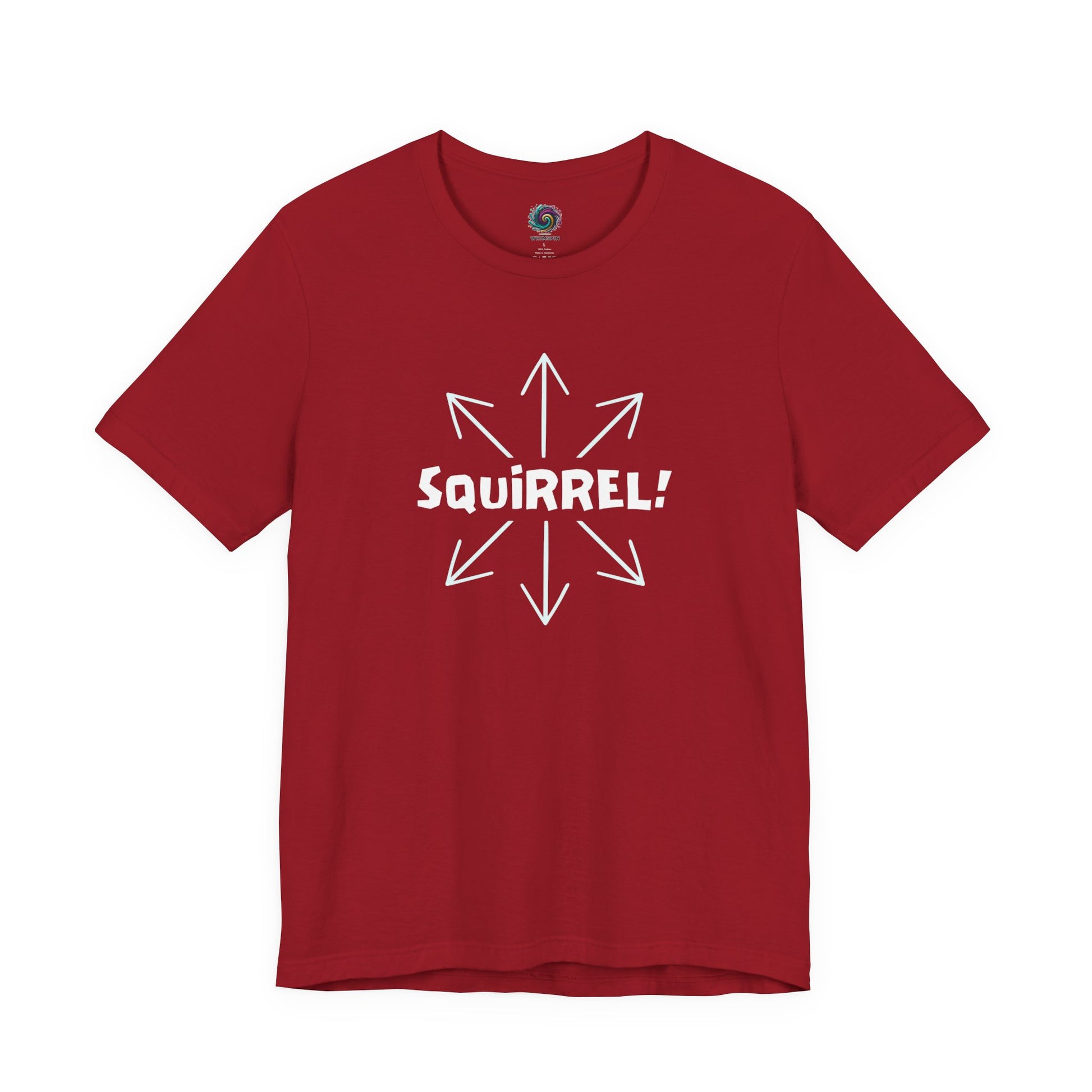 Squirrel Distracted Mind T-Shirt – Funny Attention Graphic Tee in Canvas Red showcasing a playful squirrel shirt and wandering mind concept.