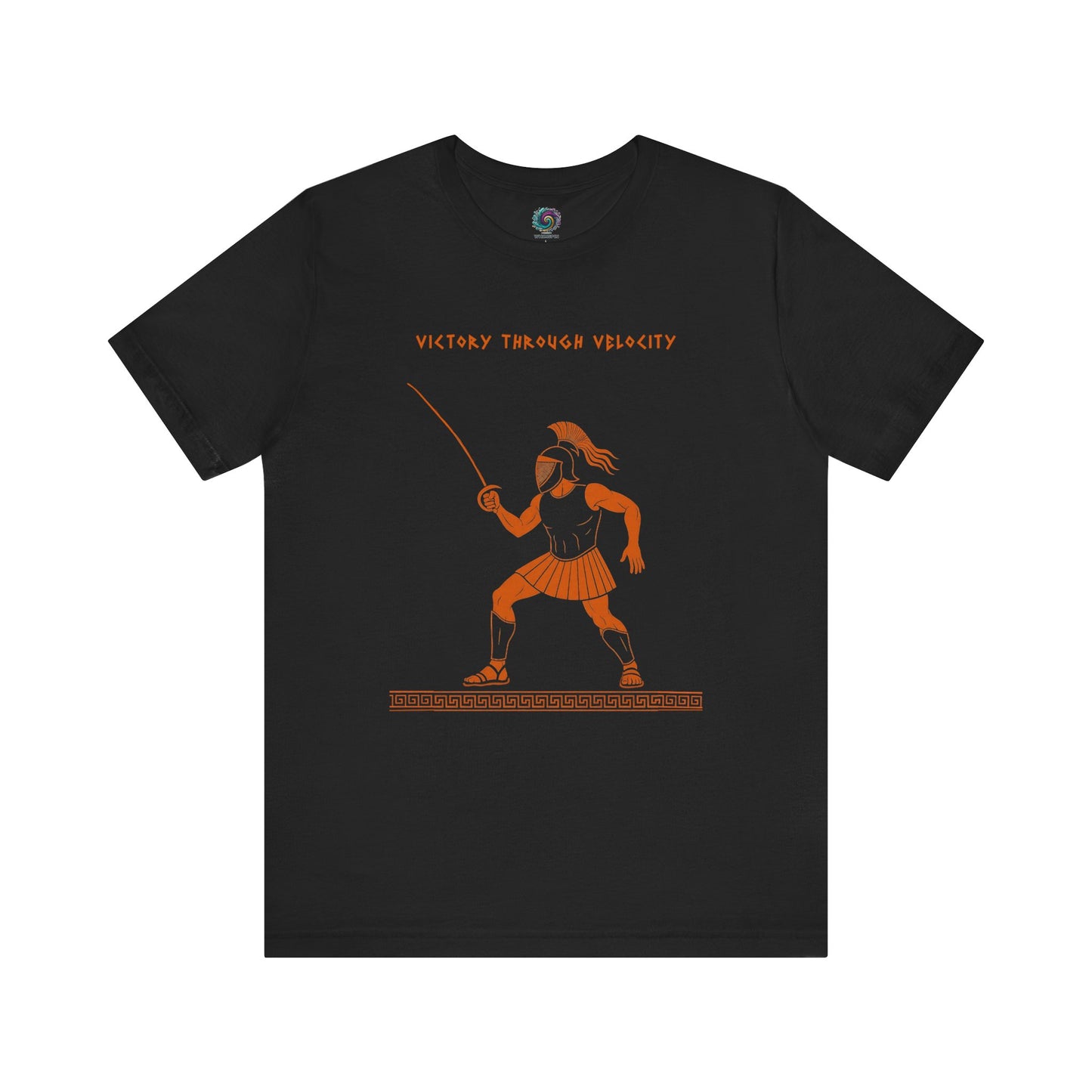 Ares Fencing Saber T-Shirt – Victory Through Velocity Greek Mythology Tee in black with orange Greek design featuring Ares wielding a fencing saber for bold myth-inspired style.
