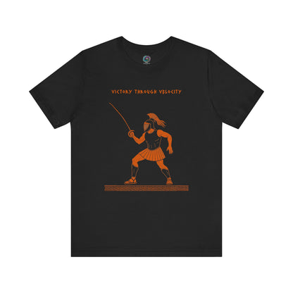 Ares Fencing Saber T-Shirt – Victory Through Velocity Greek Mythology Tee in black with orange Greek design featuring Ares wielding a fencing saber for bold myth-inspired style.