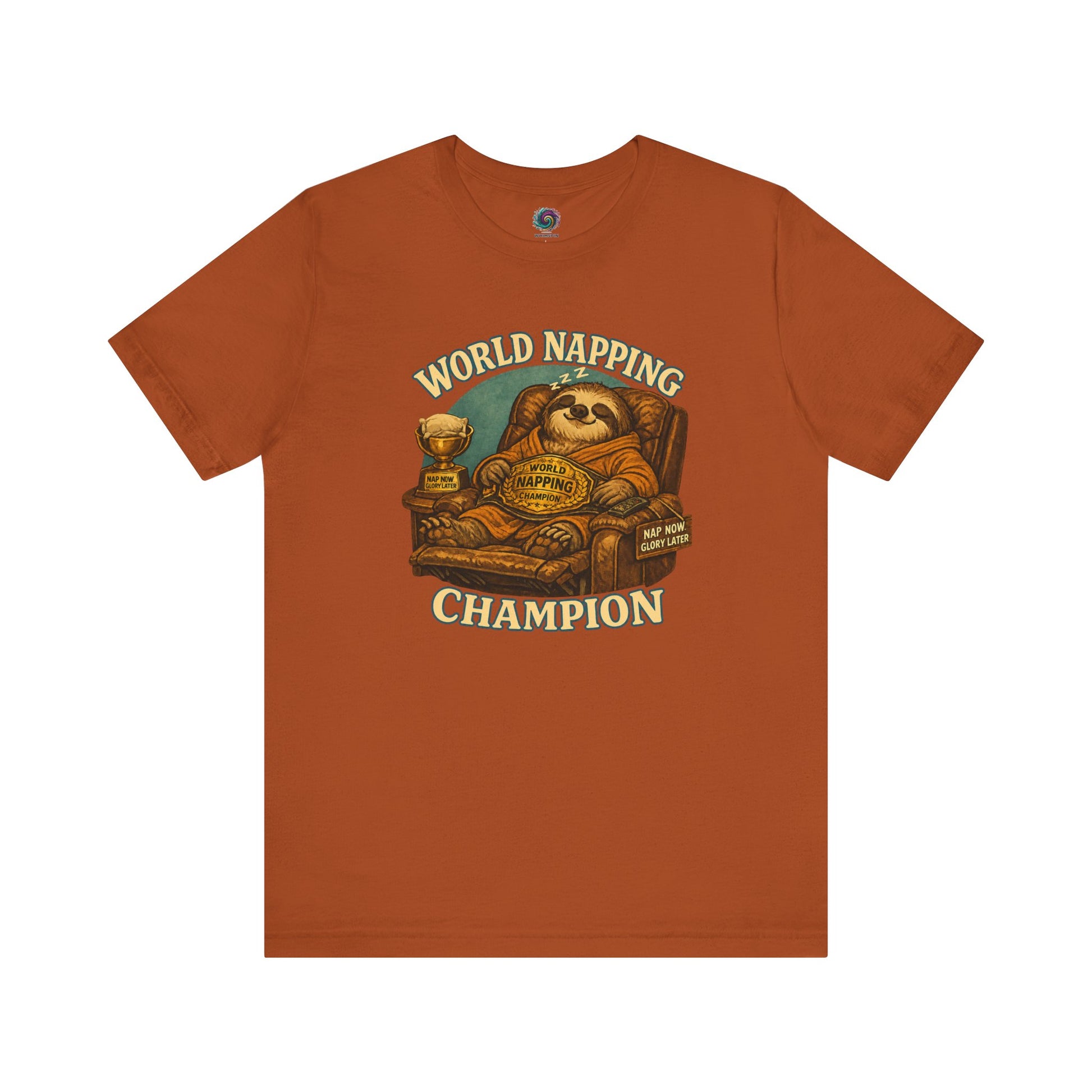 Autumn colored World Napping Champion T-Shirt featuring retro-inspired sloth recliner illustration and championship theme