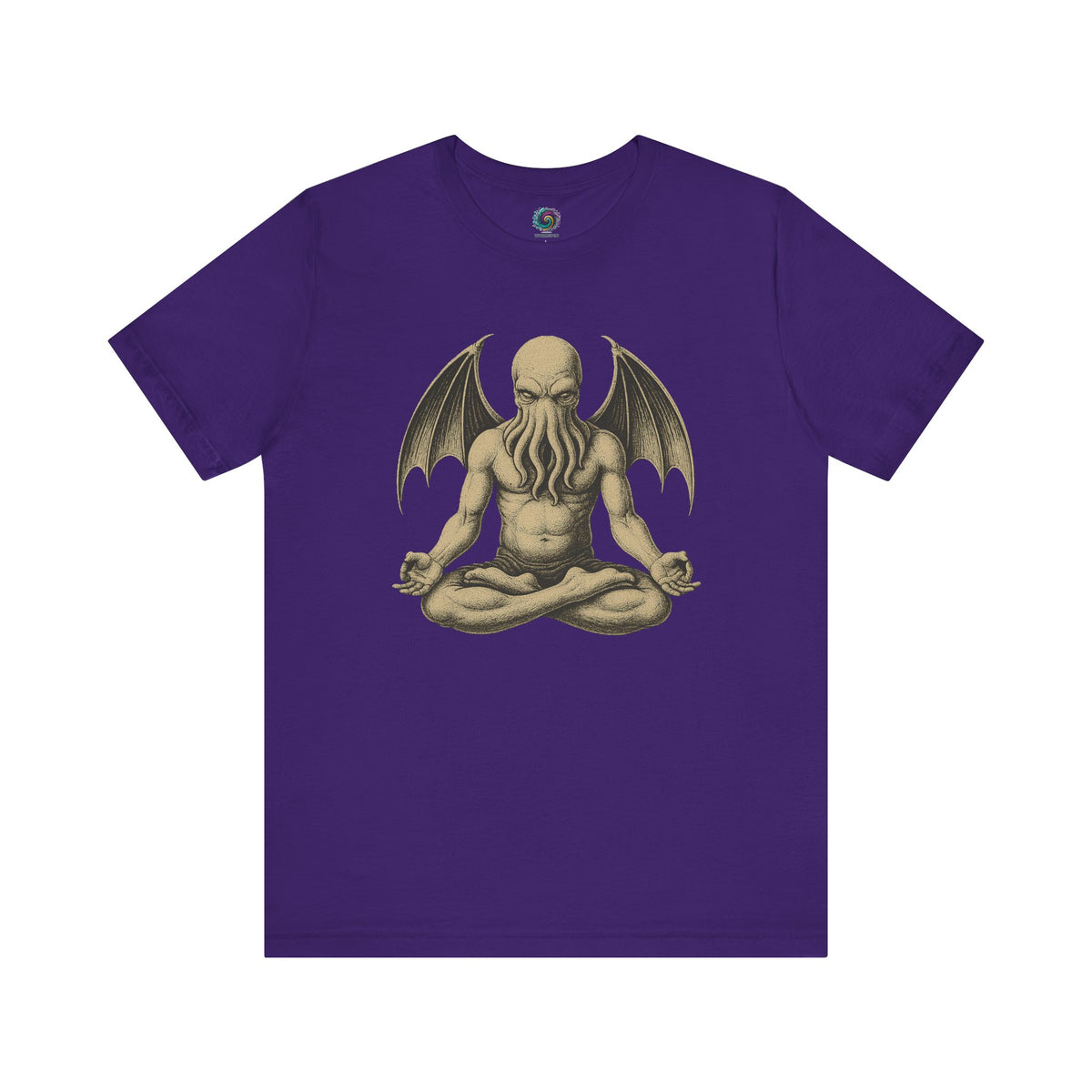 Meditating Cthulhu Shirt – Unisex Mythos Tee for Sci-Fi & Festival Fans in team purple, for fans of sci-fi, cosmic horror, and meditation aesthetics.