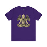 Meditating Cthulhu Shirt – Unisex Mythos Tee for Sci-Fi & Festival Fans in team purple, for fans of sci-fi, cosmic horror, and meditation aesthetics.
