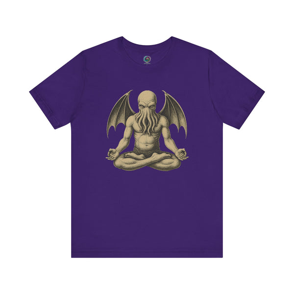 Meditating Cthulhu Shirt – Unisex Mythos Tee for Sci-Fi & Festival Fans in team purple, for fans of sci-fi, cosmic horror, and meditation aesthetics.