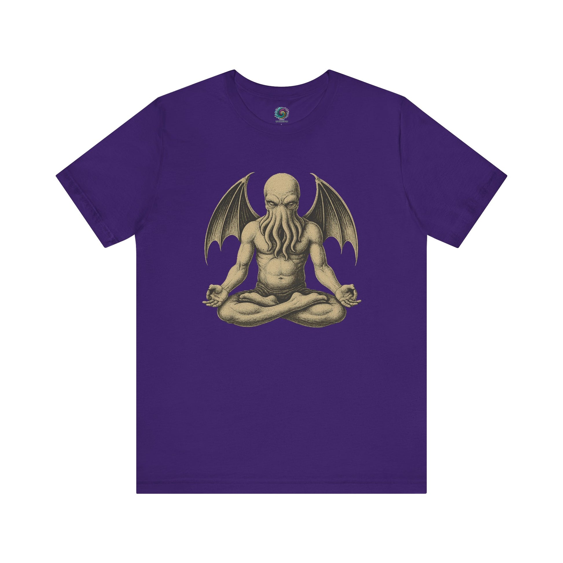 Meditating Cthulhu Shirt – Unisex Mythos Tee for Sci-Fi & Festival Fans in team purple, for fans of sci-fi, cosmic horror, and meditation aesthetics.