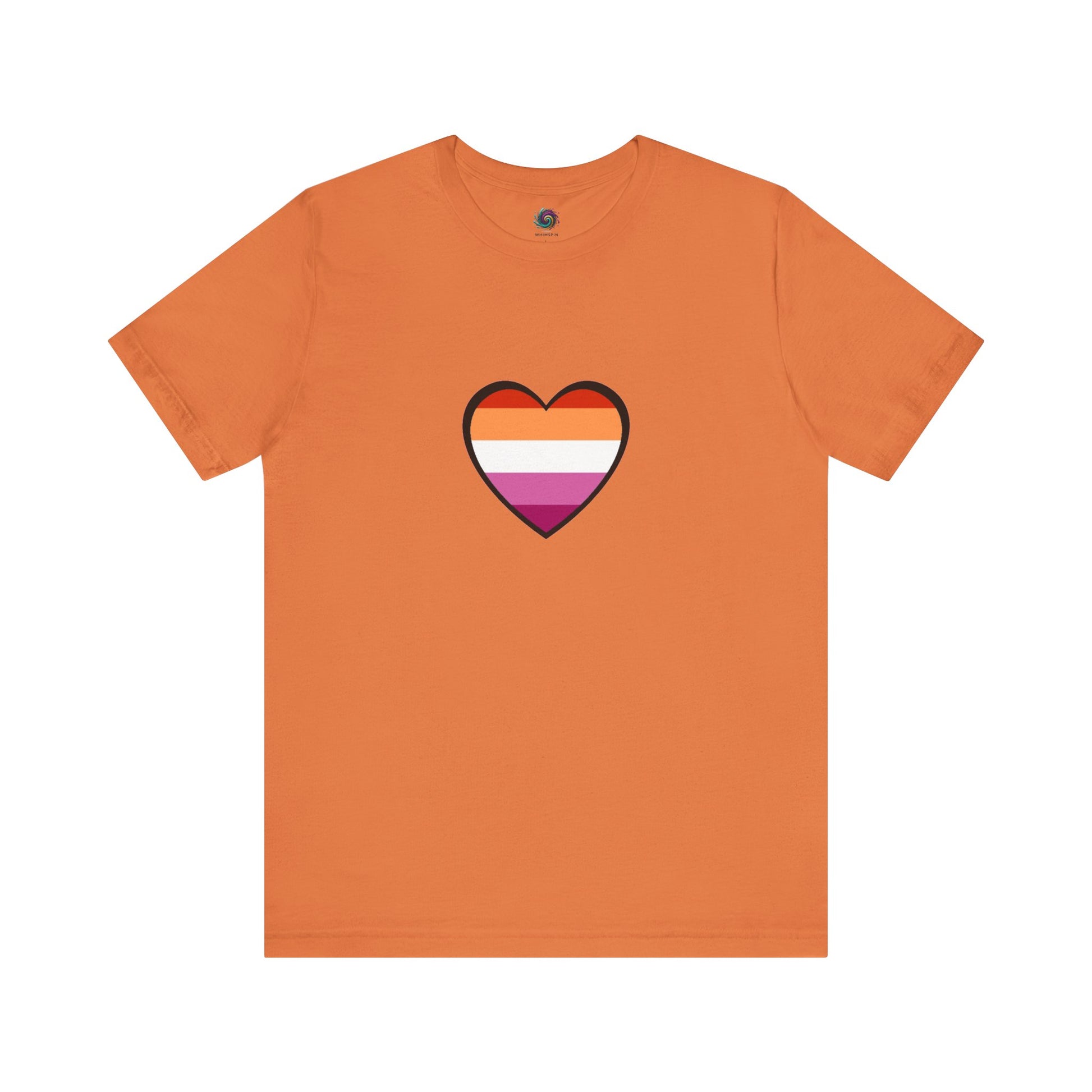 Lesbian Flag Heart T-Shirt – Bold LGBTQ+ Graphic Tee in burnt orange, bringing out the warm tones of the lesbian heart flag with bold visibility.