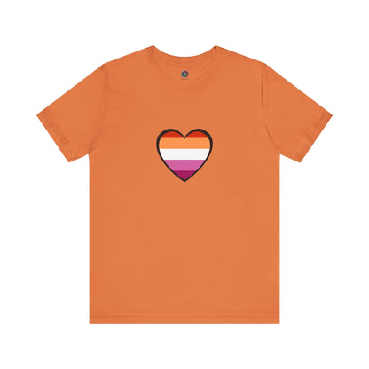 Lesbian Flag Heart T-Shirt – Bold LGBTQ+ Graphic Tee in burnt orange, bringing out the warm tones of the lesbian heart flag with bold visibility.