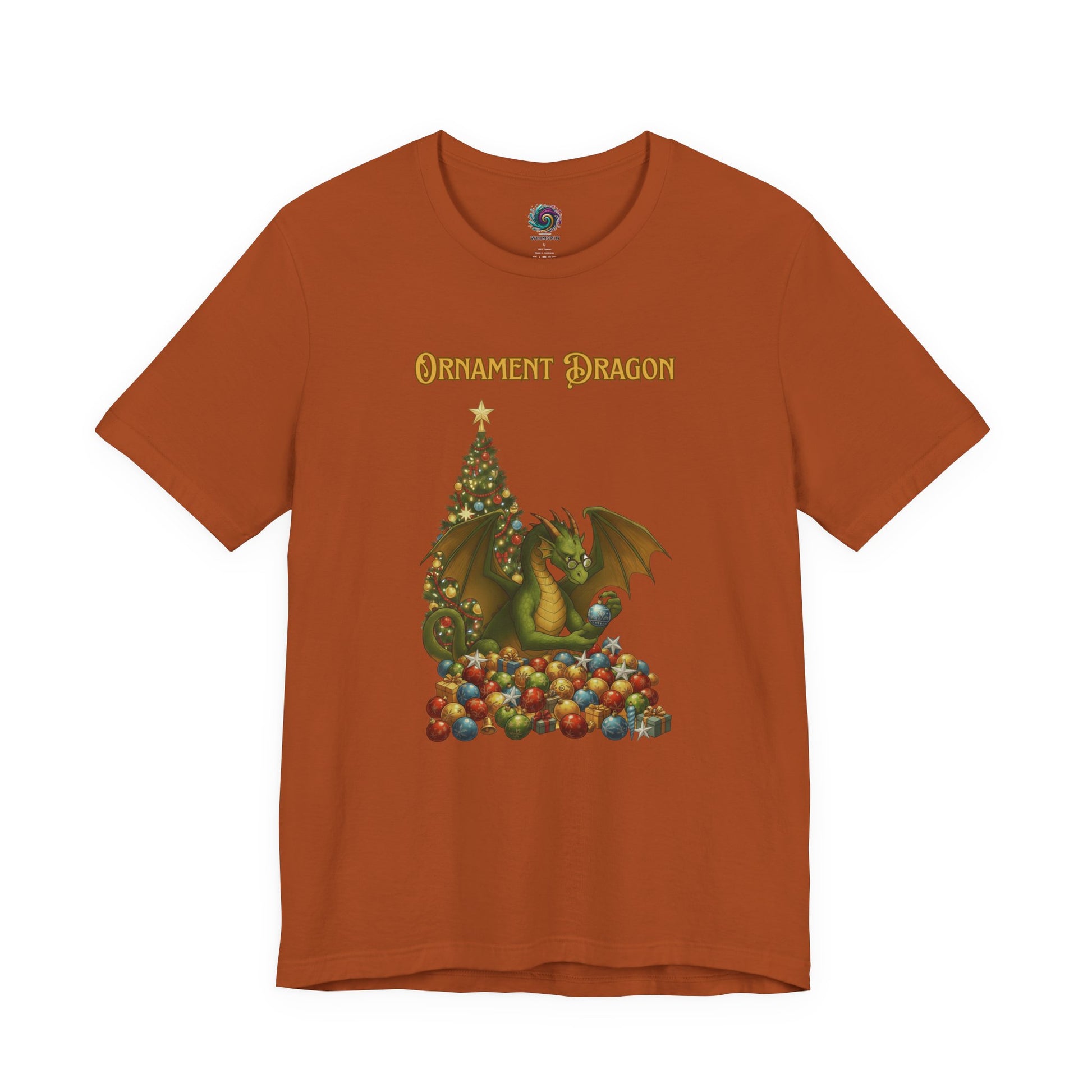 Ornament Dragon T-Shirt – Christmas Dragon Tee for Ornament Lovers, in soft fall tones with tree and ornamented dragon