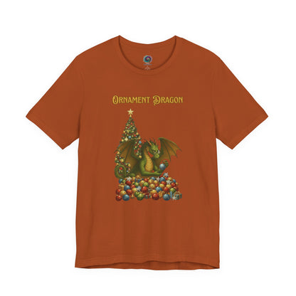 Ornament Dragon T-Shirt – Christmas Dragon Tee for Ornament Lovers, in soft fall tones with tree and ornamented dragon