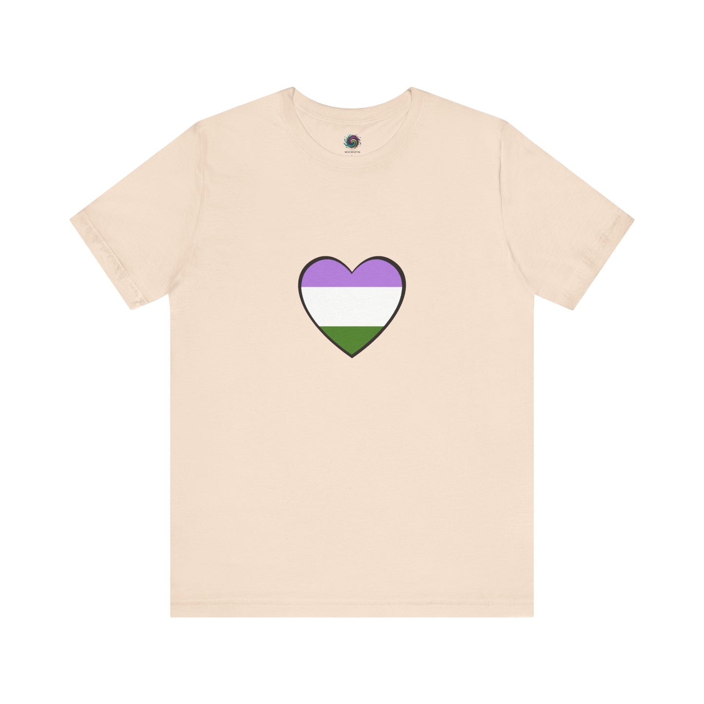 Genderqueer Flag Heart T-Shirt – Unisex LGBTQ+ Graphic Tee in soft cream with genderqueer flag heart design, ideal for everyday genderqueer representation.