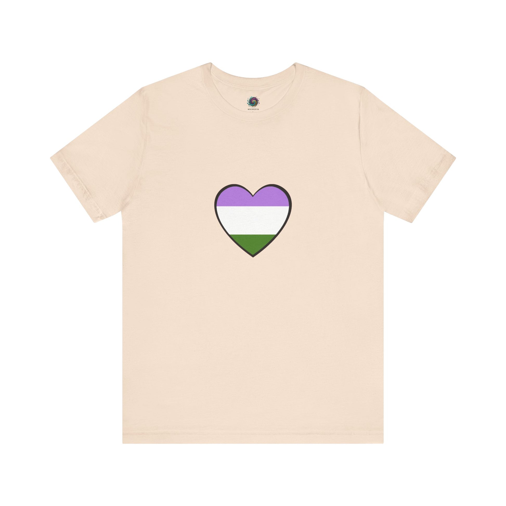 Genderqueer Flag Heart T-Shirt – Unisex LGBTQ+ Graphic Tee in soft cream with genderqueer flag heart design, ideal for everyday genderqueer representation.