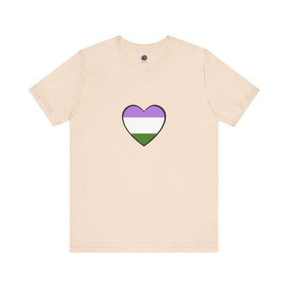 Genderqueer Flag Heart T-Shirt – Unisex LGBTQ+ Graphic Tee in soft cream with genderqueer flag heart design, ideal for everyday genderqueer representation.