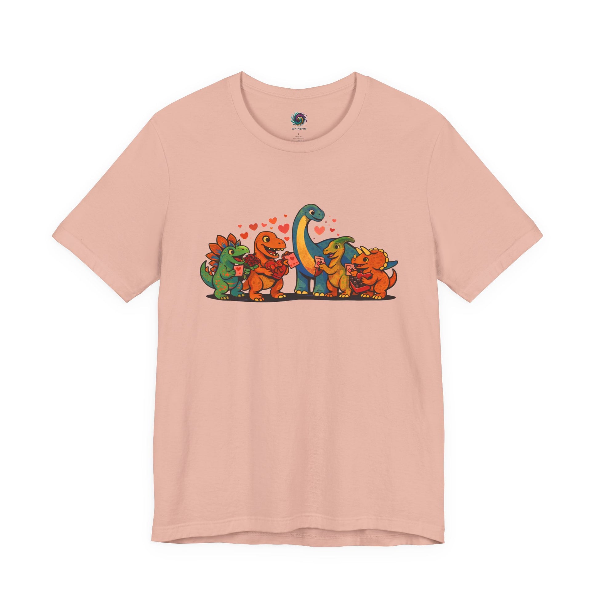 Dinosaur Valentines T-Shirt – Cute Dino Valentine’s Day Tee in Peach showcasing cheerful dinosaur valentine characters in a soft, warm hue