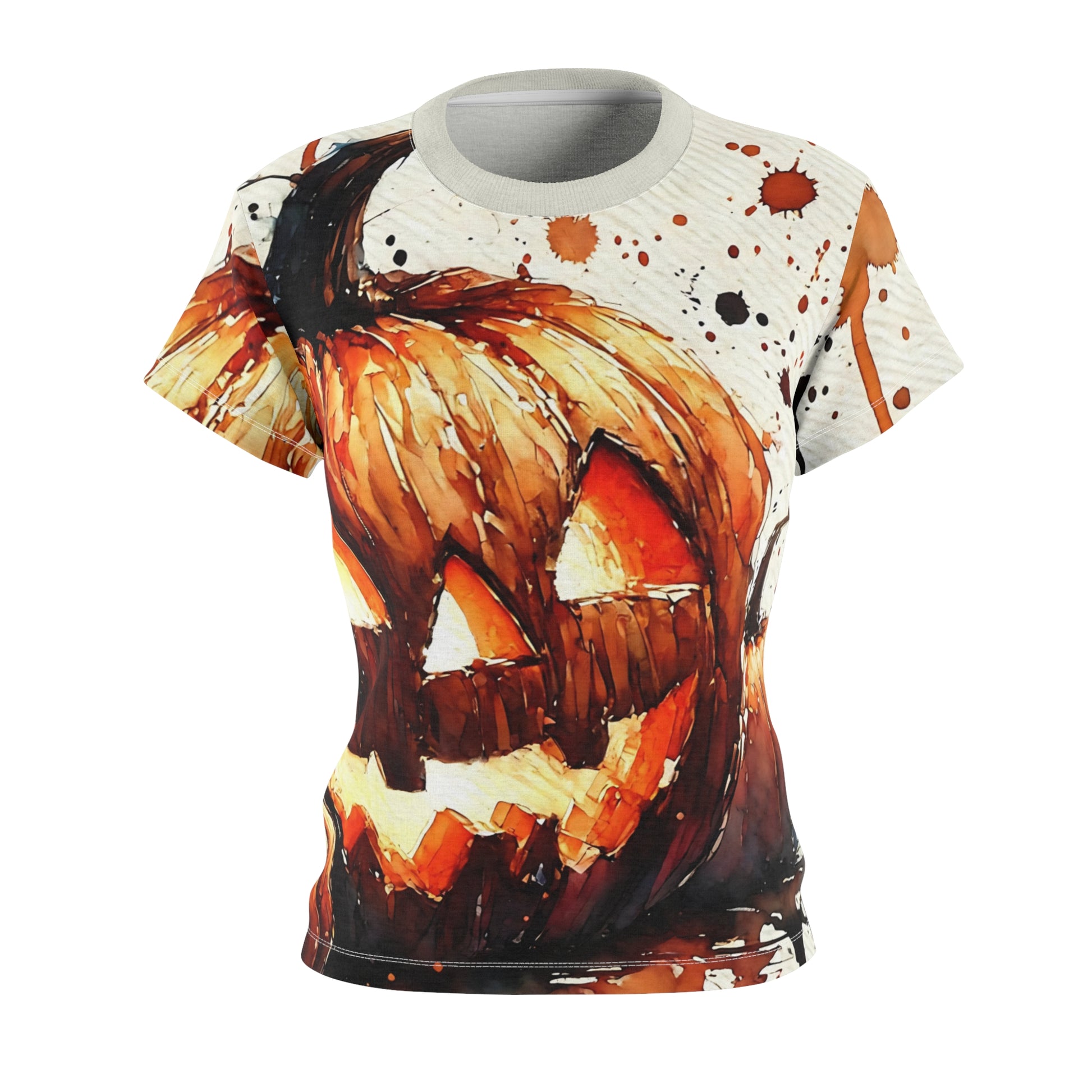 Watercolor Jack-o’-Lantern T-Shirt – Women’s Halloween All-Over Print design shown in flat lay, artistic women’s jack-o-lantern shirt with watercolor pumpkin graphic.