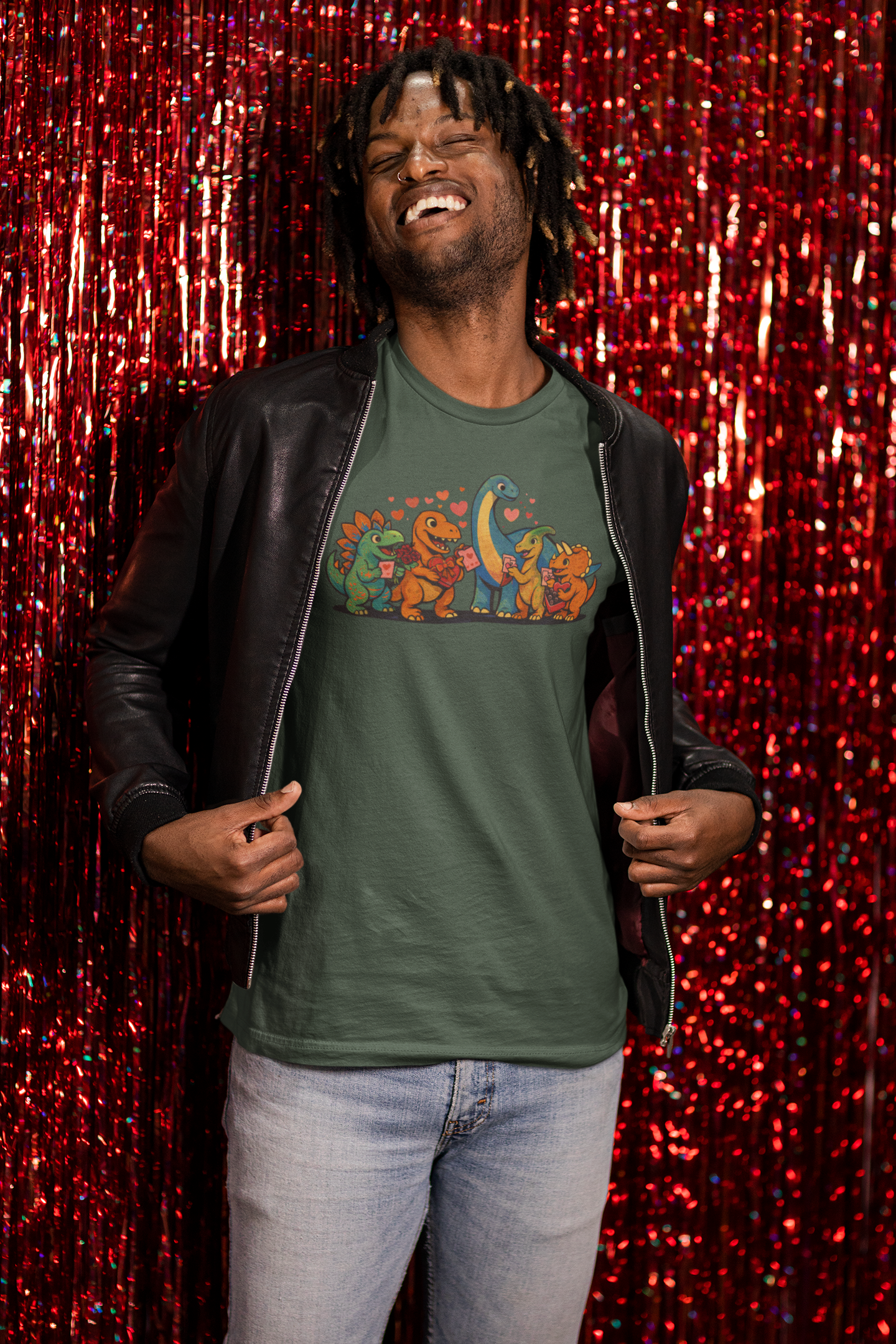 Dinosaur Valentines T-Shirt – Cute Dino Valentine’s Day Tee worn casually to highlight the colorful dinosaur valentine illustration and lighthearted holiday vibe