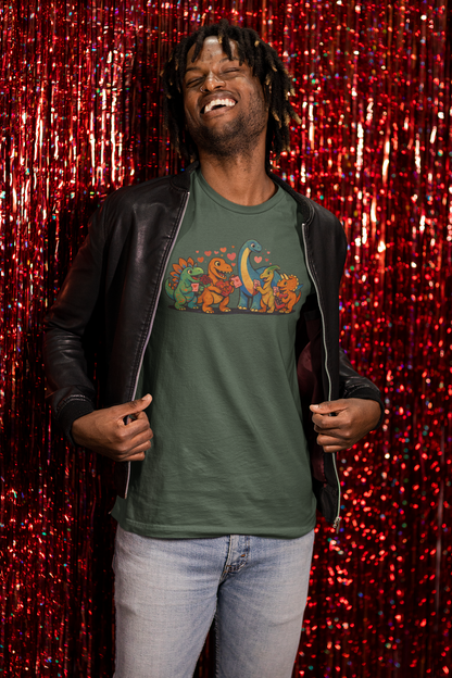 Dinosaur Valentines T-Shirt – Cute Dino Valentine’s Day Tee worn casually to highlight the colorful dinosaur valentine illustration and lighthearted holiday vibe
