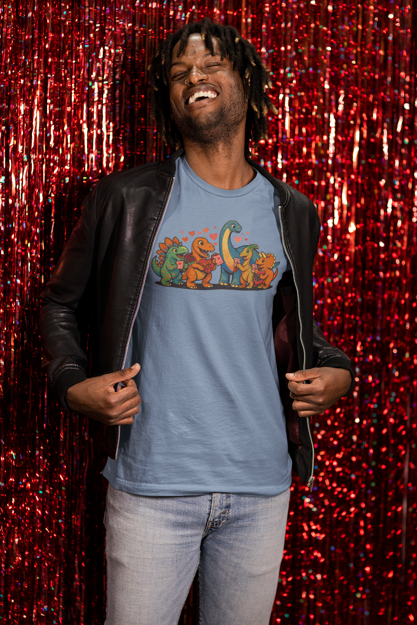 Dinosaur Valentines T-Shirt – Cute Dino Valentine’s Day Tee shown in motion, bringing the playful dinosaur valentine characters and heart motifs to life