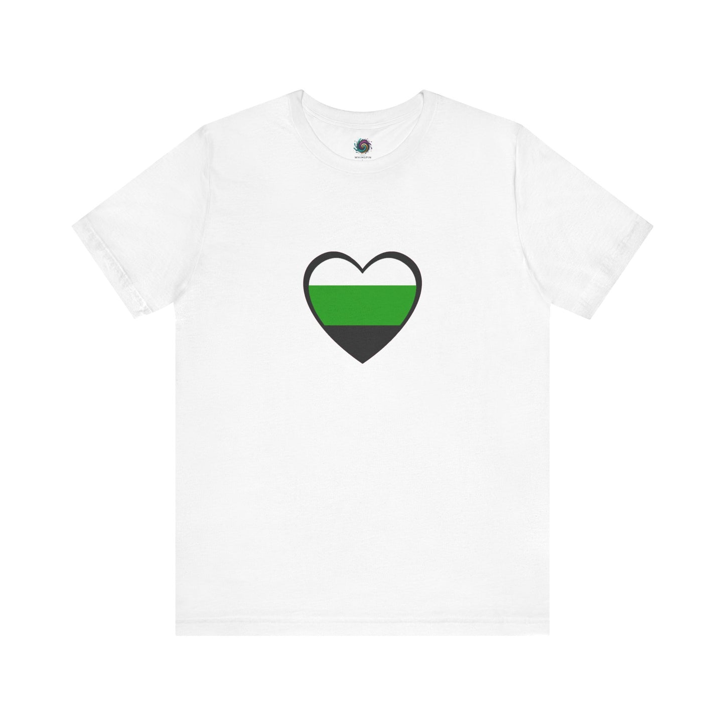 Flat lay of the Aromantic Heart Pride Shirt in classic white, centered with a striking neutrois heart symbol that embodies neutrois pride and minimalist aesthetic.