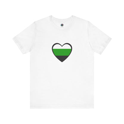 Flat lay of the Aromantic Heart Pride Shirt in classic white, centered with a striking neutrois heart symbol that embodies neutrois pride and minimalist aesthetic.