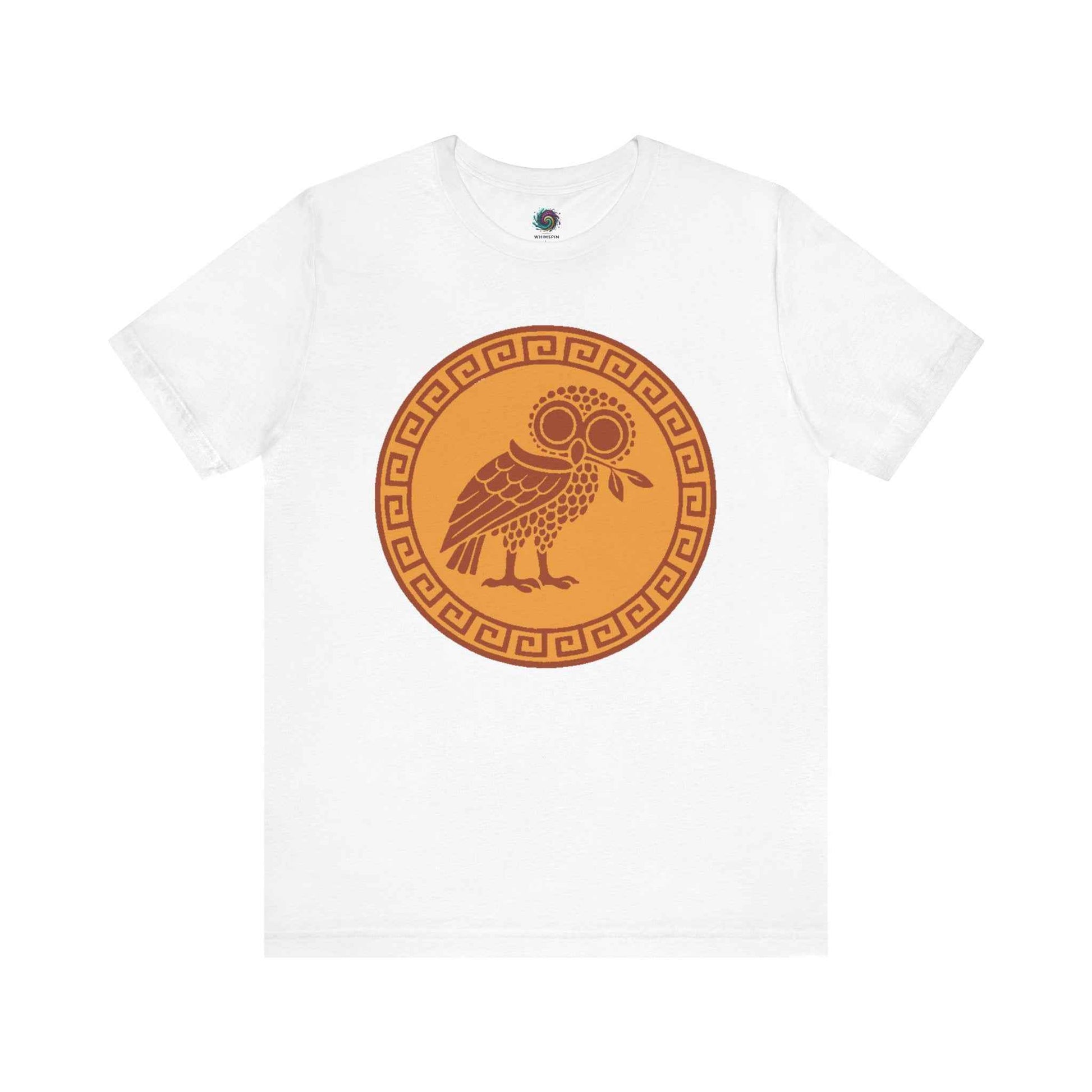 White Greek Mythology Bird Tee From WhimSpin Athena's bird, an owl, holding an olive branch in it's mouth in the style of an ancient Greek amphora. 