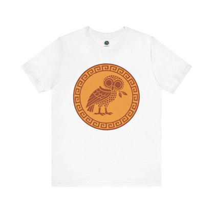 White Greek Mythology Bird Tee From WhimSpin Athena's bird, an owl, holding an olive branch in it's mouth in the style of an ancient Greek amphora. 