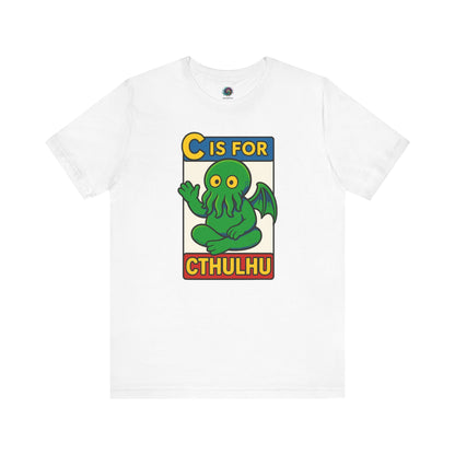 C is for Cthulhu T-Shirt – Lovecraftian Funny Cartoon Tee in white, flat lay showing cute Cthulhu cartoon design.