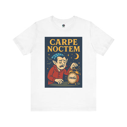 White tshirt with 'Carpe Noctem' graphic design featuring a vampire with an alarm clock and moon. Perfect for Halloween parties and night owls