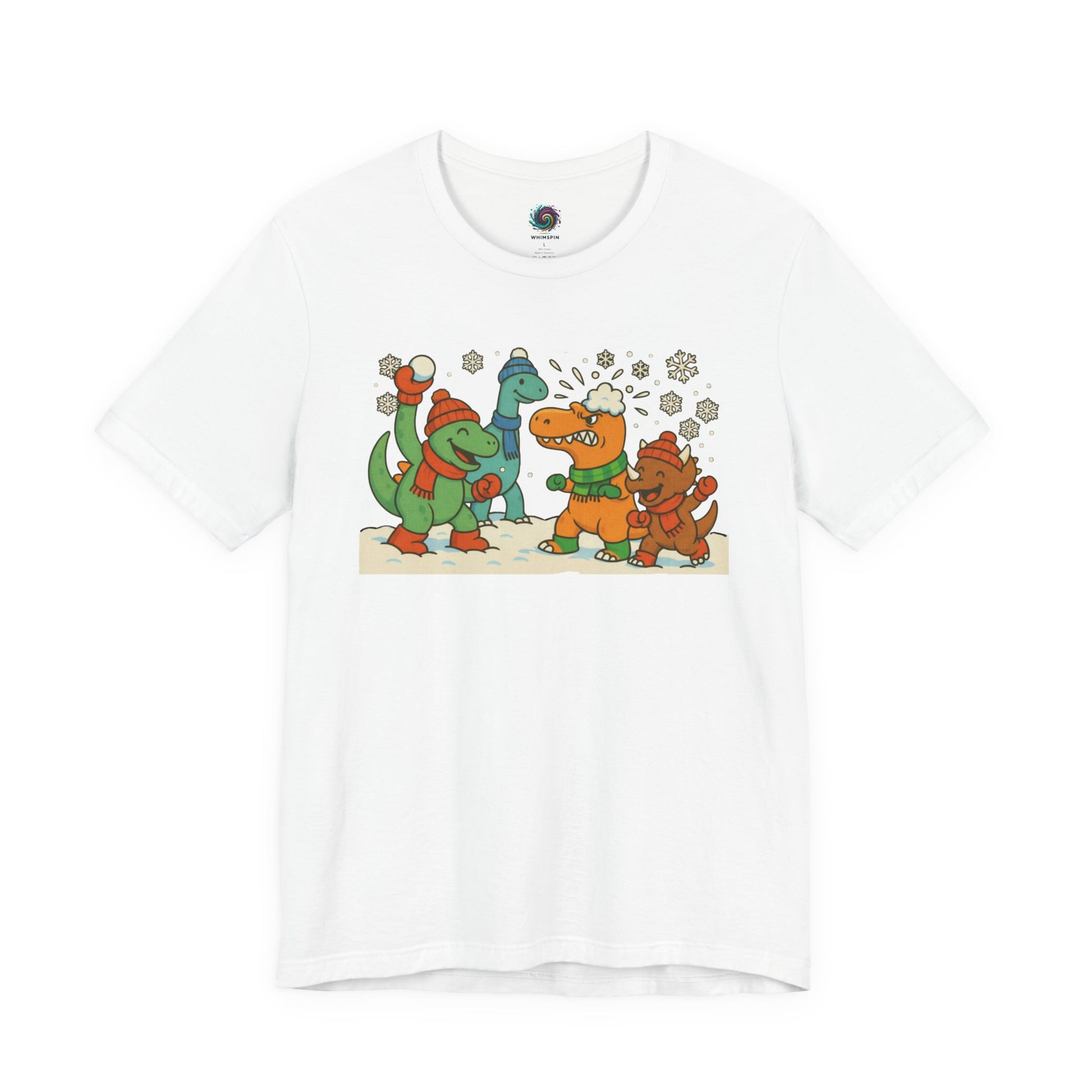 the Dinosaur Snowball Fight T-Shirt – Funny Winter Dino Graphic Tee in White, presenting the cartoon dinosaur snow battle with clean contrast.
