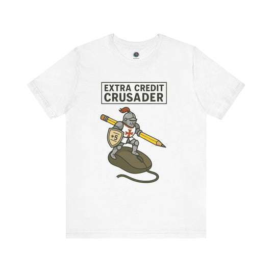 White Extra Credit Crusader T-Shirt from WhimSpin. The tshirt graphic features a knight templar riding a computer mouse, with a giant pencil under his arm like a lance, and carrying a shield with "+5" written on it. 