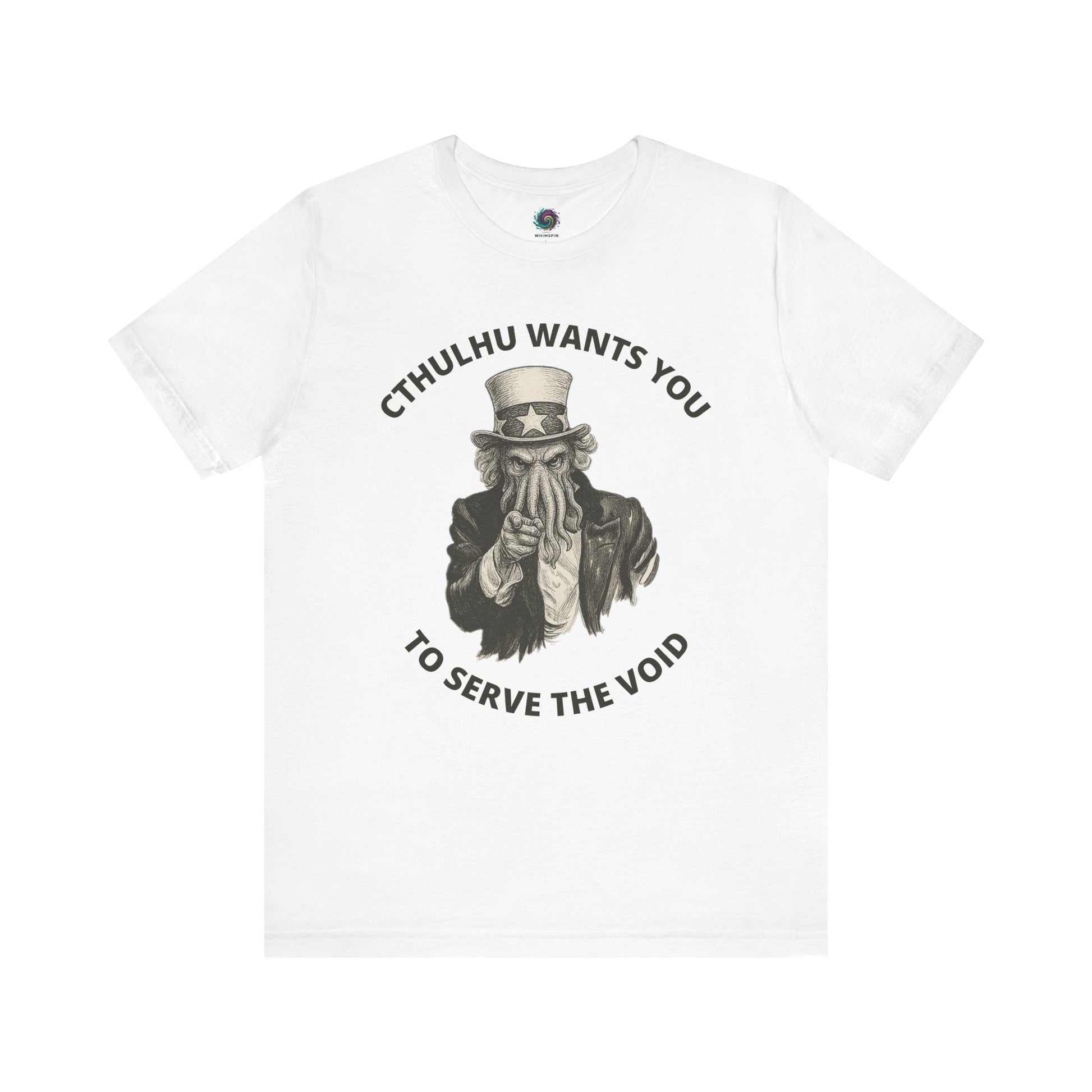 Cthulhu Wants You T-Shirt – Mythos Horror Tee for Lovecraft Fans in white flat lay style, featuring the Cthulhu Uncle Sam design for horror lovers and Lovecraft fans.