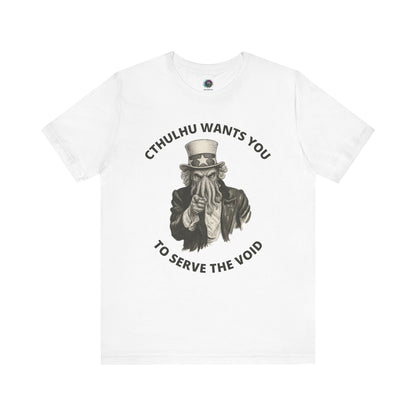 Cthulhu Wants You T-Shirt – Mythos Horror Tee for Lovecraft Fans in white flat lay style, featuring the Cthulhu Uncle Sam design for horror lovers and Lovecraft fans.
