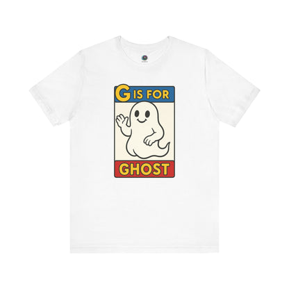 G is for Ghost T-Shirt – Funny Monster Alphabet Halloween Tee in white, ghost alphabet shirt with playful cartoon ghost print.