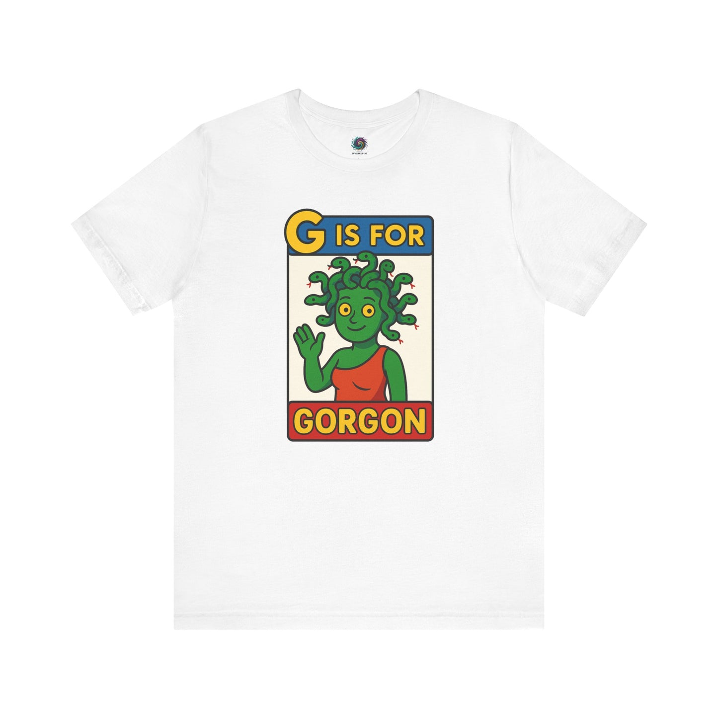 White G is for Gorgon tshirt, halloween gorgon shirt featuring playful gorgon head artwork.