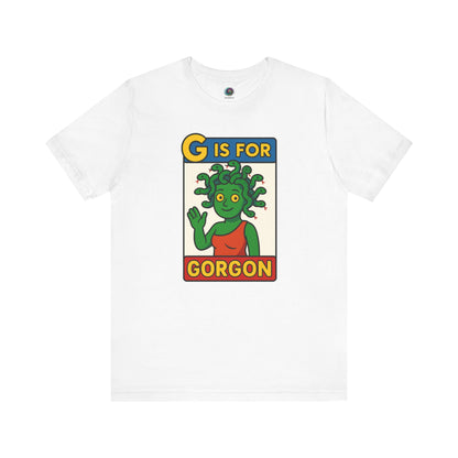 White G is for Gorgon tshirt, halloween gorgon shirt featuring playful gorgon head artwork.