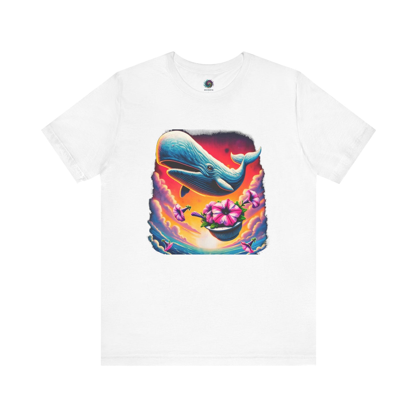 Oh No Not Again Petunias and Whale Tee – oh no not again shirt in white featuring colorful petunias and a surprised whale mid-fall