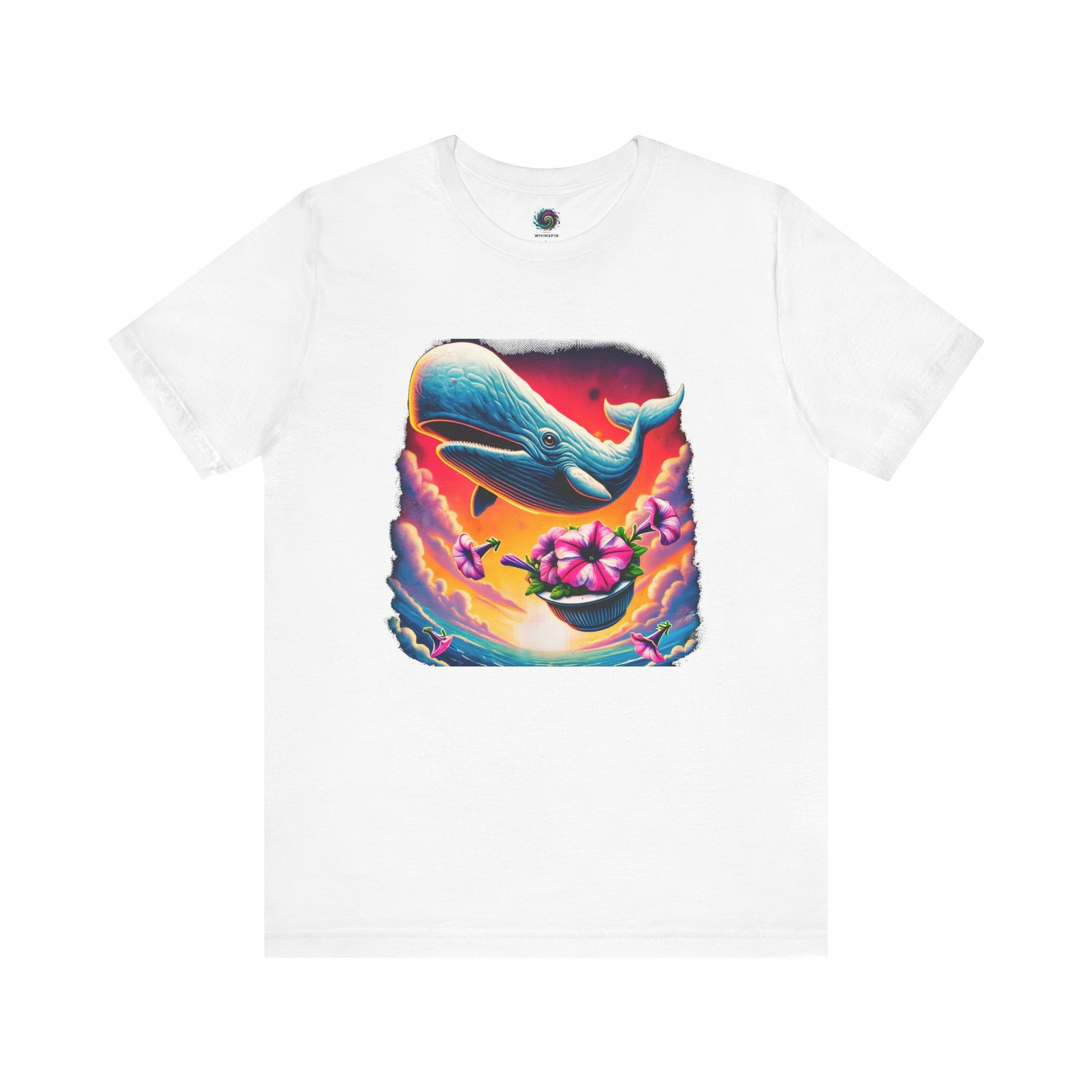 Oh No Not Again Petunias and Whale Tee – oh no not again shirt in white featuring colorful petunias and a surprised whale mid-fall