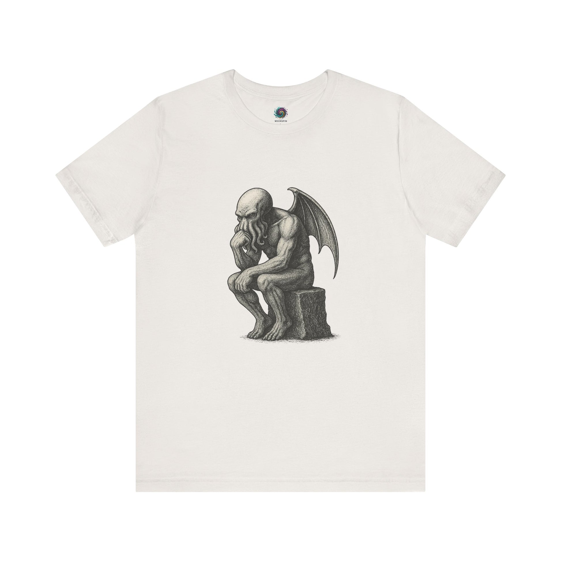 The Thinker Cthulhu Shirt – Lovecraftian Funny T-Shirt Unisex Graphic Tee in white with a shaded illustration of Cthulhu as The Thinker sculpture.