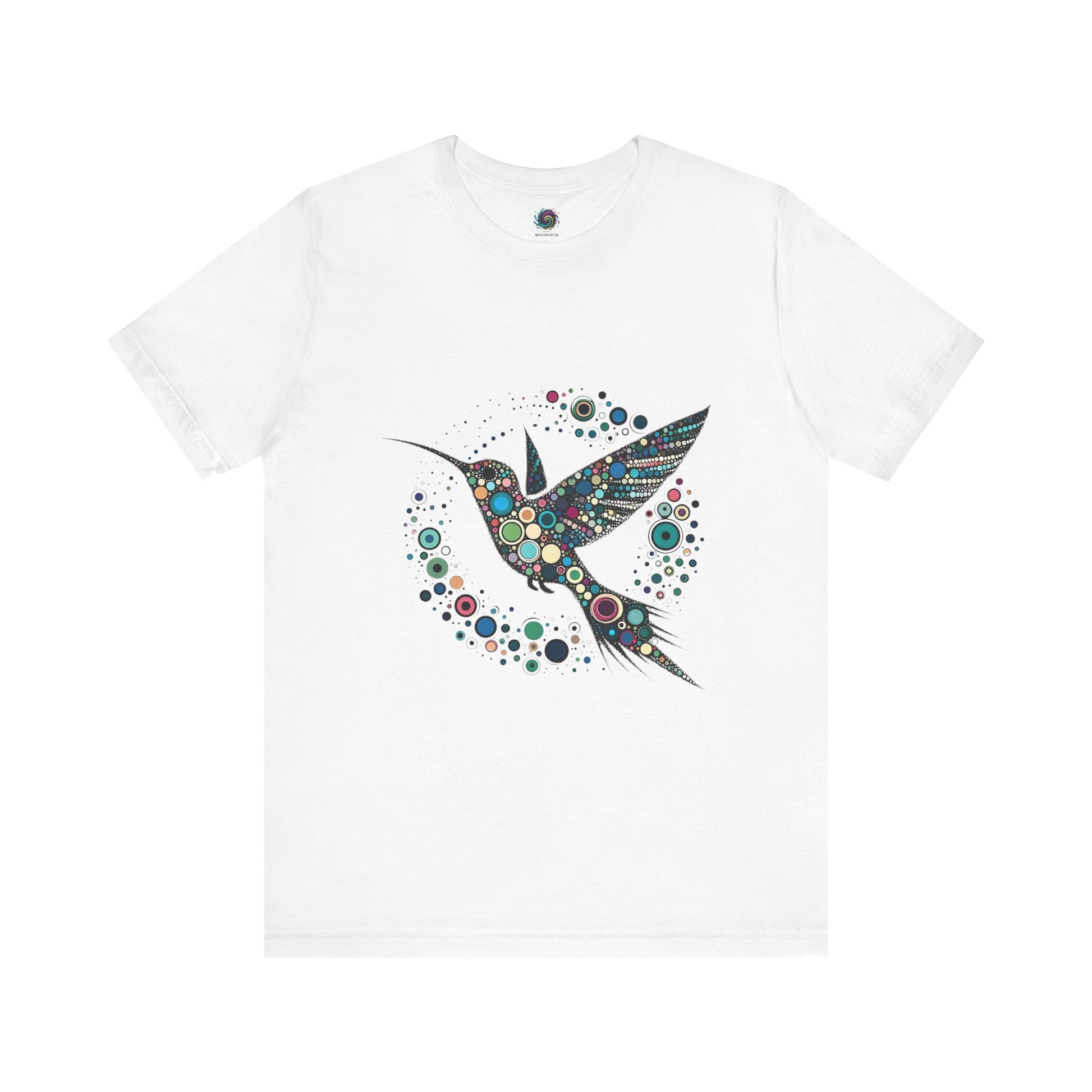 Hummingbird Dot Art T-Shirt – Colorful Nature-Inspired Graphic Tee in crisp white featuring abstract dot hummingbird art; a breathable, standout hummingbird t shirt.