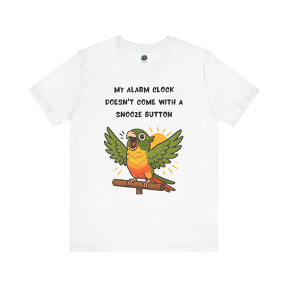 Parrot Alarm Clock T-Shirt – Funny Parrot Wake-Up Call Tee in White, highlighting the colorful parrot graphic, sunburst accents, and bold alarm-clock text on a crisp white background.
