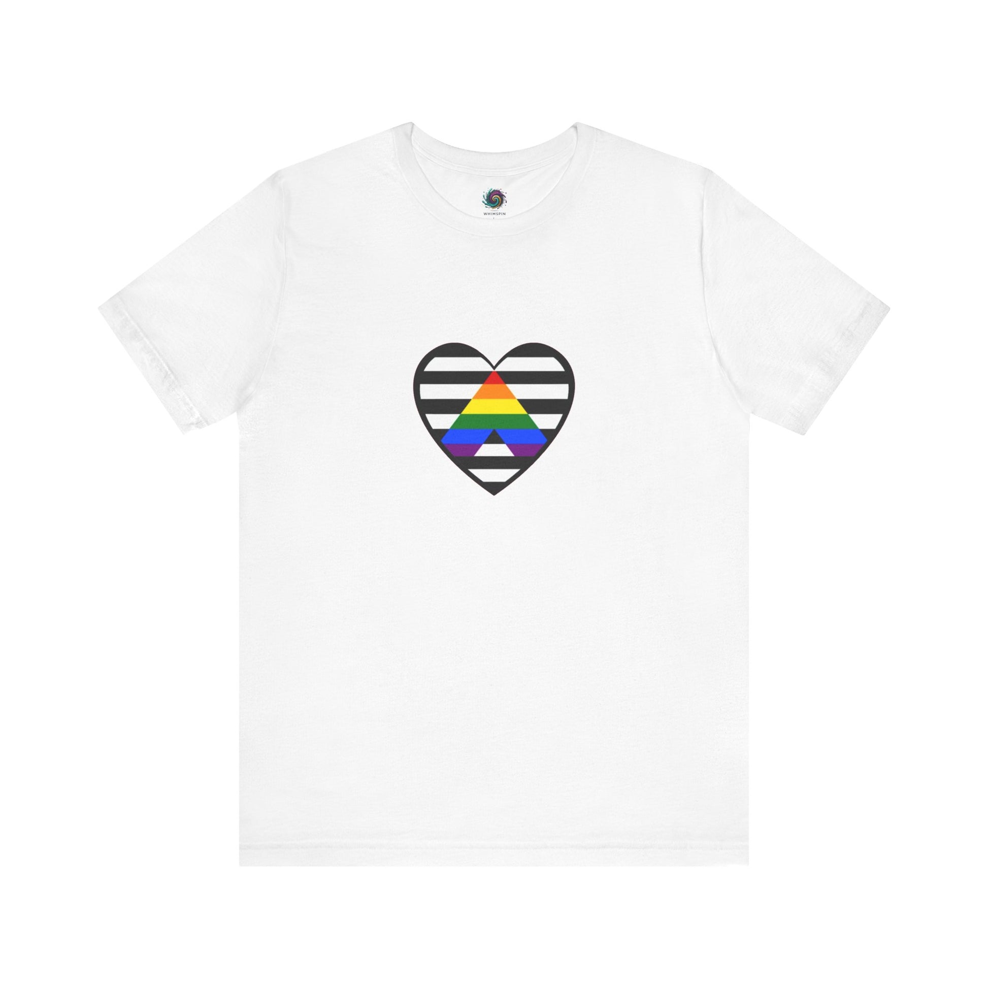 Heart Ally Flag T-Shirt – Subtle LGBTQ+ Support with Bold Pride in white with the straight ally heart centered on the shirt to represent allyship and inclusion.
